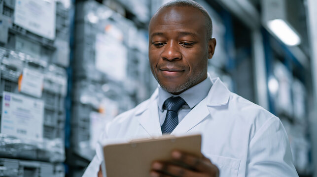 Pharmaceutical cold chain technician monitoring temperature logger readings inside a walk-in refrigeration vault, rows of labeled medical crates sealed with tamper-evident tape, breath visible in fr