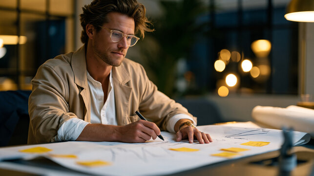 Social media strategist sketching a post-algorithm content pivot plan on large drafting paper spread across a conference table, post-it notes indicating platform-specific content format variations .