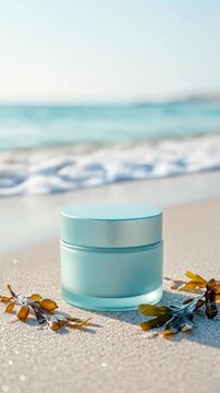 Anti aging face cream vertical video featuring fucoidan from brown seaweed in a beach skincare scene. For beauty ads, social media, spa promo and cosmetic branding.