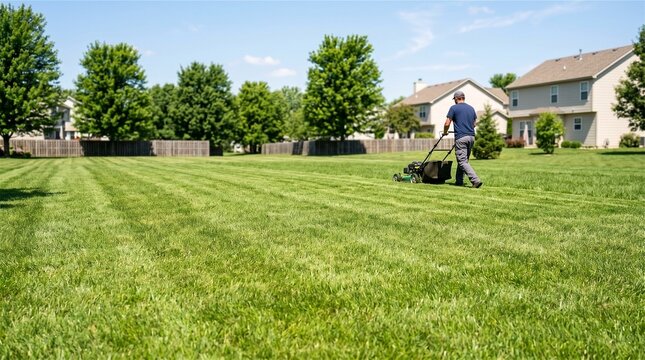 Person using lawnmower to maintain backyard in a quiet residential