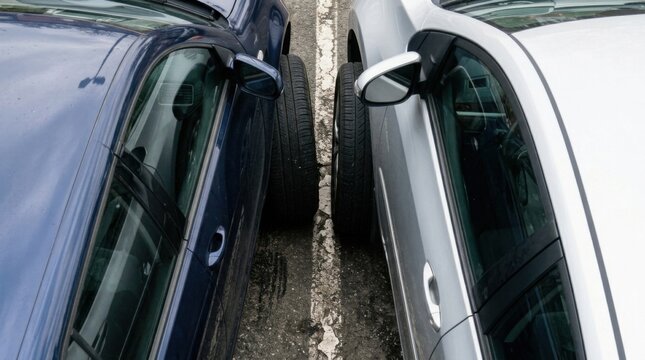 Tight Parking - Two Cars Crammed Together in a Narrow Space.