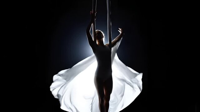 Graceful Aerial Silk Performer in Dramatic Spotlight Performance.