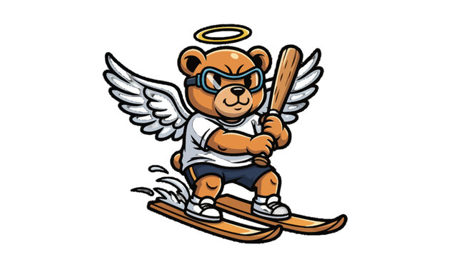 Cute Angel Bear Skateboarding With Baseball Bat.