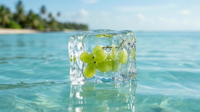 Frozen green muscat grapes inside melting ice cube floating on tropical water