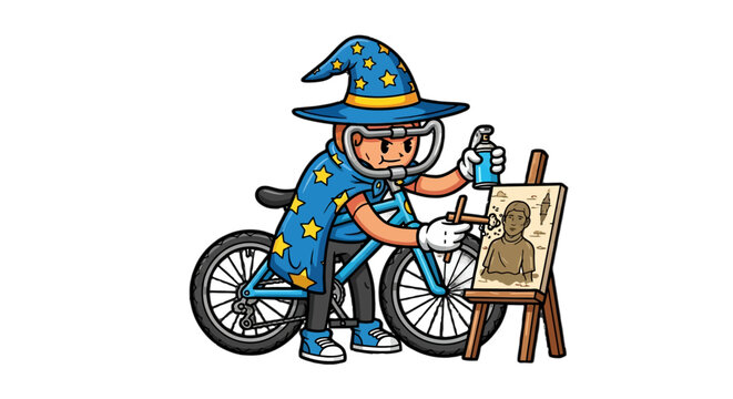 Whimsical child magician painting while riding a bicycle.