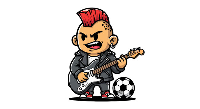 Cartoon Punk Rocker Playing Guitar with Soccer Ball.
