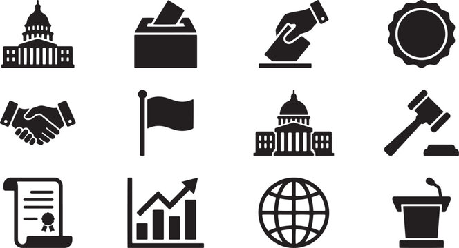 Politics and government vector glyph icon set with capitol building ballot box hand voting election stamp handshake flag judge gavel certificate scroll growth chart globe and podium illustration