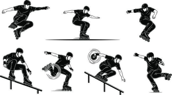 Aggressive inline skater and rollerblader illustrations set featuring active athletes performing stunts grinding on rails jumping and spinning in protective gear