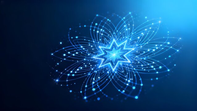 Abstract blue star-shaped pattern with glowing lines and dots on a dark background