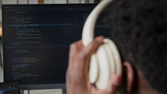 Rear close-up of anonymous black male software engineer removing headphones while watching AI vibe coding agent writing script on black computer screen, maintaining control