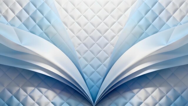 Abstract blue and white quilted fabric with folded layers forming a symmetrical pattern