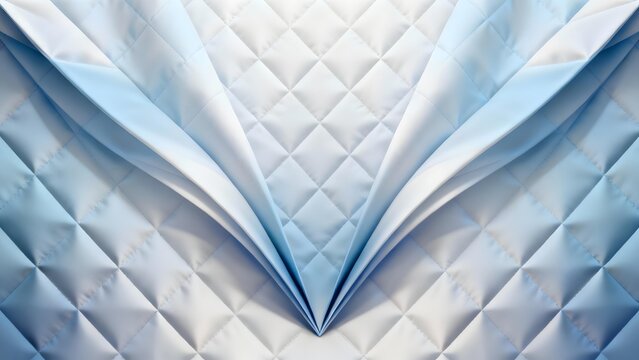 Close-up of light blue quilted fabric with diamond stitching pattern and soft folds