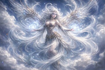 Obraz premium Ethereal angelic figure amidst clouds.