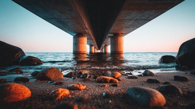 Low perspective shot captures concrete bridge supports towering over a rocky shore at sunset