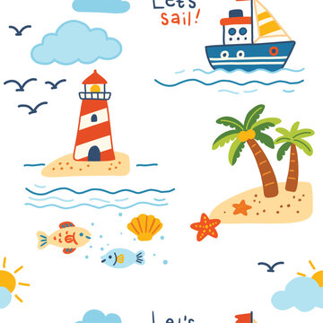 Seamless nautical pattern with lighthouse, boat, and palm trees