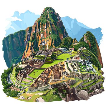 Majestic mountain landscape with ancient ruins and lush greenery.