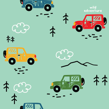 Seamless Pattern with Off-Road Vehicles and Trees
