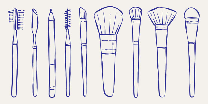 Set of various makeup brushes in Minimalist ink doodle hand drawn vector.