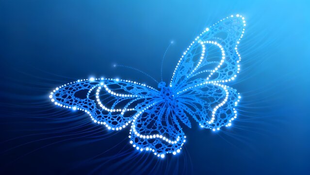 A glowing blue butterfly composed of light particles and dots against a dark blue background