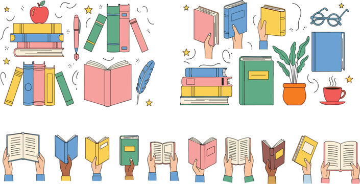 Education and reading vector element set with colorful book stacks open textbooks hands holding books glasses apple coffee cup and feather pen illustrations