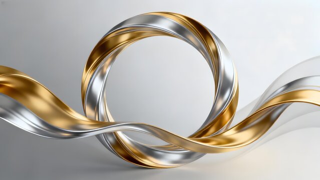 Interwoven gold and silver metallic ribbons forming a dynamic, flowing loop against a neutral background