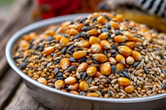 Mixed bird seed in metal bowl with sunflower corn and millet