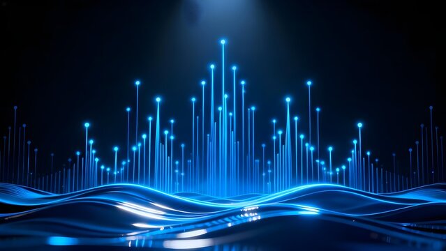 Abstract digital wave with glowing blue vertical lines and light effects