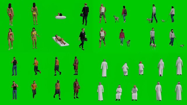 3D animated cartoon animation featuring people walking carrying items and animals on clean green screen chromakey background. Excellent for lifestyle motion graphics visual effects compositing and dyn