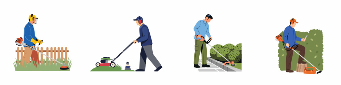 Set of professional gardeners using lawn mowers and string trimmers for backyard maintenance and landscaping work isolated on white background.