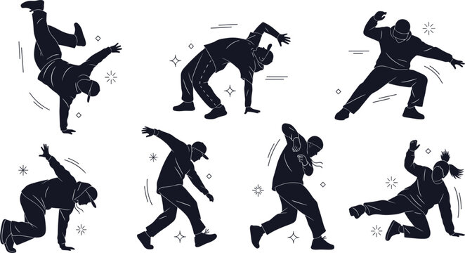 Hip hop dancer and breakdance silhouettes vector set with active street dancers performing freeze freeze poses power moves and acrobatic handstands