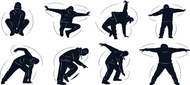 Hip hop street dancer silhouettes vector set with active dancers wearing hoodies performing top rock steps spins and energetic breakdance movement poses