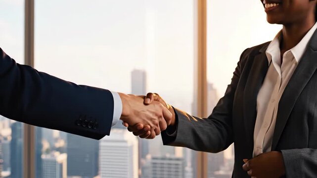 Two people shaking hands in an office, likely after a successful deal, both wearing suits