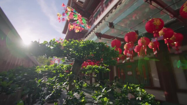 Chinese New Year lanterns and festive decorations in Chinatown Singapore near Buddha Tooth Relic Temple vibrant tourism atmosphere in Asia