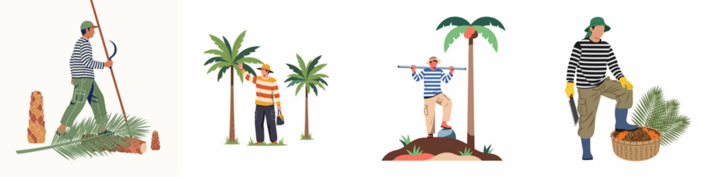 Collection of flat vector illustrations depicting various stages of palm oil harvesting and plantation work by male farmers.