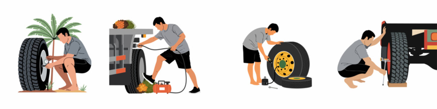 Flat tire repair and maintenance set featuring a man checking pressure, inflating, and changing large truck tires in a rural agricultural setting.
