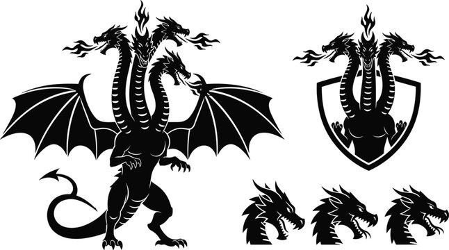Mythical three headed hydra dragon silhouette vector set with fire breathing monster mascot logo shield emblem and separate dragon head icons