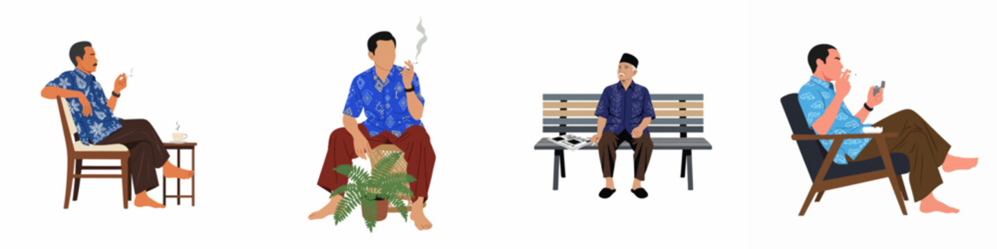 Set of flat illustrations featuring Indonesian men in batik shirts relaxing, smoking cigarettes, drinking coffee, and sitting on benches.