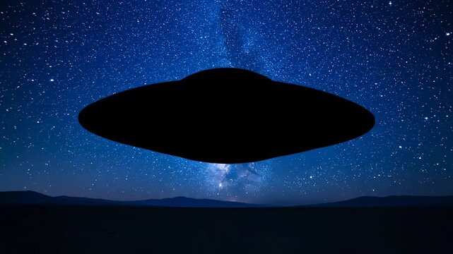 A silhouette of a flying disc floats against a dark blue star-filled night sky over a terrain