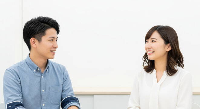 語り合う若い男性社員と女性社員