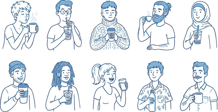 Set of diverse people drinking coffee and tea avatar icons hand drawn line art characters holding mugs bubble tea and takeaway cups