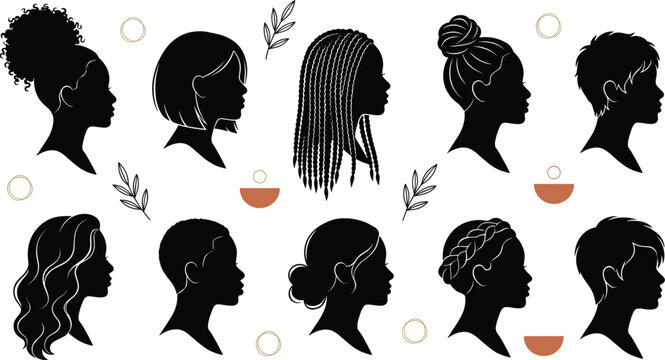 Set of diverse black women profile silhouettes with different traditional african american hairstyles including braids afro curls bun and short haircuts