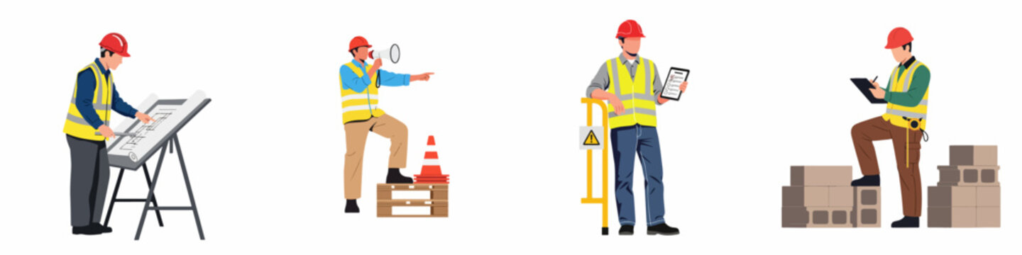 Flat vector illustration of diverse construction professionals including engineers and foremen in safety gear performing various tasks on a building site.