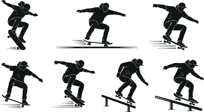 Skateboarder silhouettes vector set with active skaters performing tricks jumping ollie grinding on rails and riding on skateboards isolated on white background