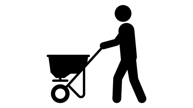 Person pushing a fertilizer spreader on a white background.