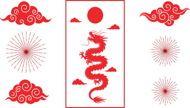 Traditional Chinese dragon and oriental cloud vector element set with red sunburst bursts and mystical card template design for lunar new year celebrate