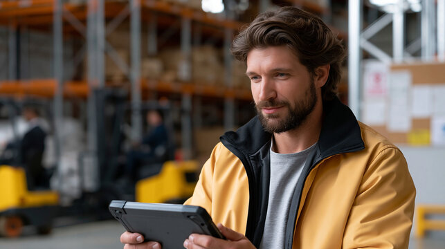 Warehouse logistics manager intercepts suspicious vendor email on industrial ruggedized tablet during inventory walk, forklift operators visible in background, steel shelving towers overhead, supply