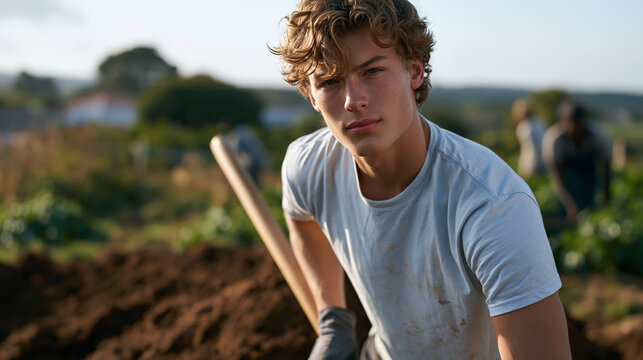 Young gap year volunteer building composting infrastructure at organic farm cooperative abroad, shoveling alongside local youth leaders, ethical volunteering posture emphasizing learning not charity