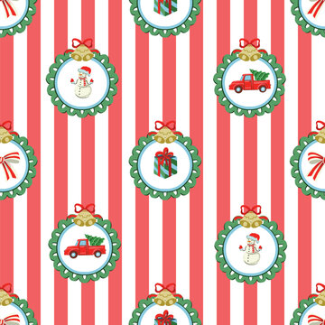 Christmas frames striped seamless pattern with vintage holiday ornaments gifts