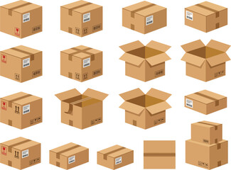 Fototapeta premium Collection of various cardboard boxes, including open and closed, for shipping and storage. Perfect for logistics and e-commerce