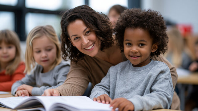 Single parent completing required school volunteer hours in elementary classroom, helping small reading group at low table, children with books open, morning natural classroom window light, involved